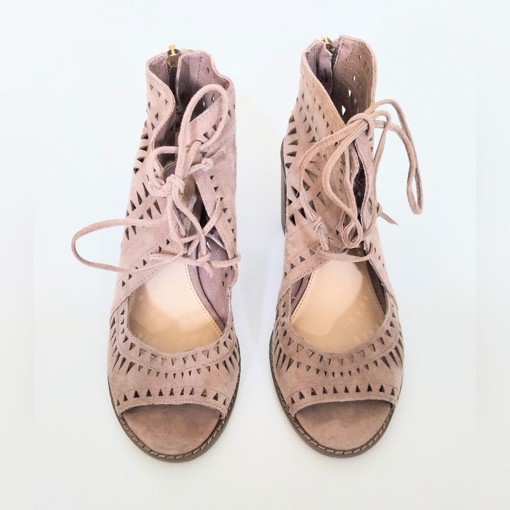 Vince Camuto Tarita Brown Suede Cutout Lace-Up Ankle Sandal Womens US 7.5M